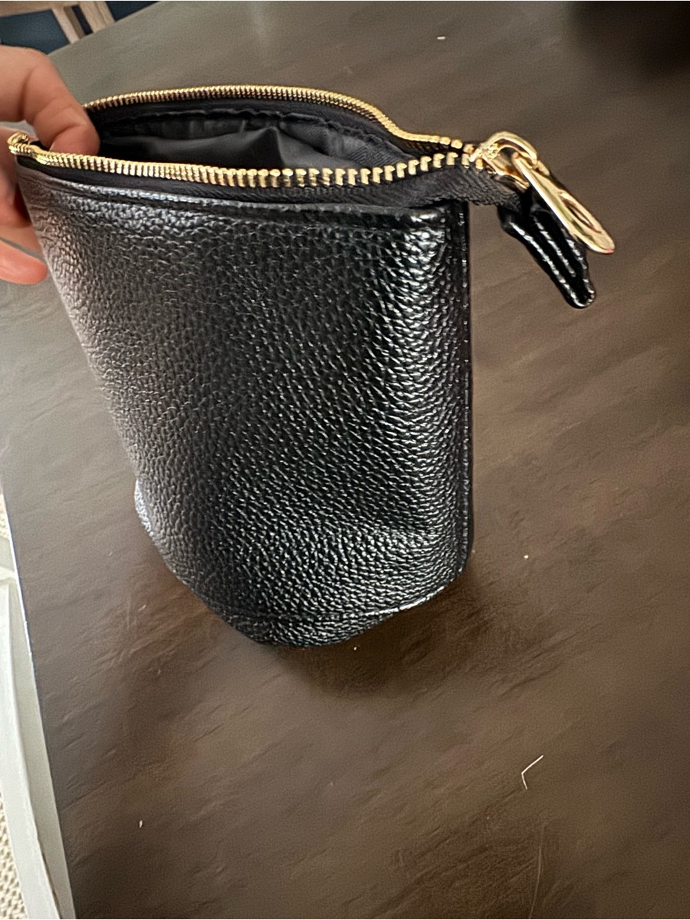 Sleek Black Pebbled Cosmetic Pouch with Gold Hardware